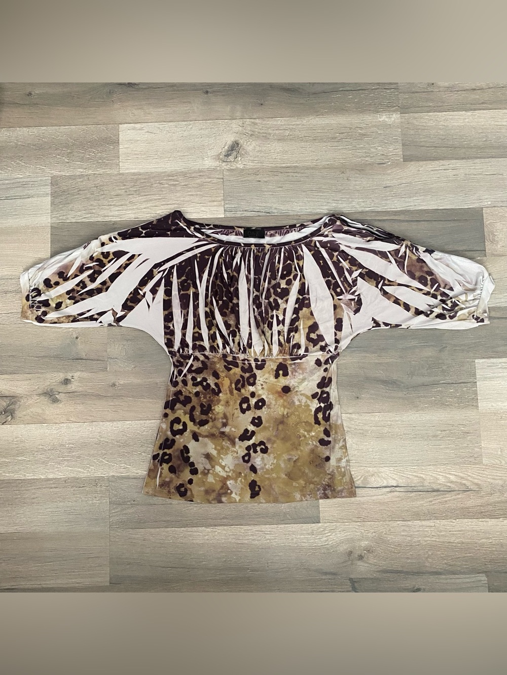 Vintage Y2K Celly K Animal Print Empire Waist Blouse 3/4 Cutout Sleeve